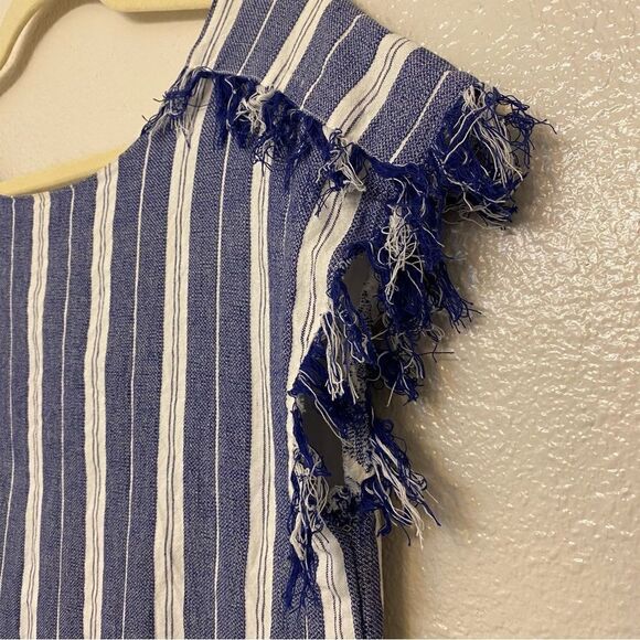 Tularose Revolve blue stripe frayed shirt blouse short sleeve crop coastal top S - Picture 7 of 8